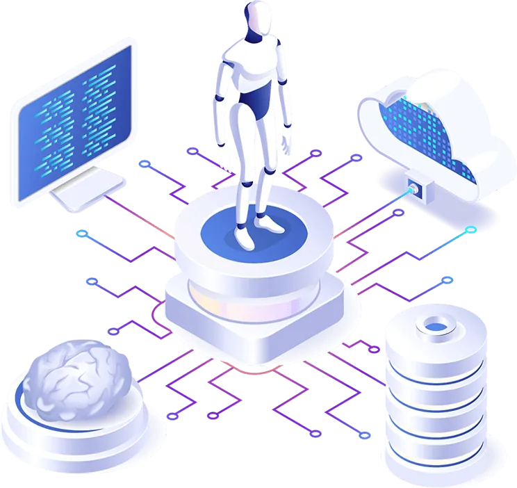 Isometric illustration of an AI platform with data, cloud and analytics