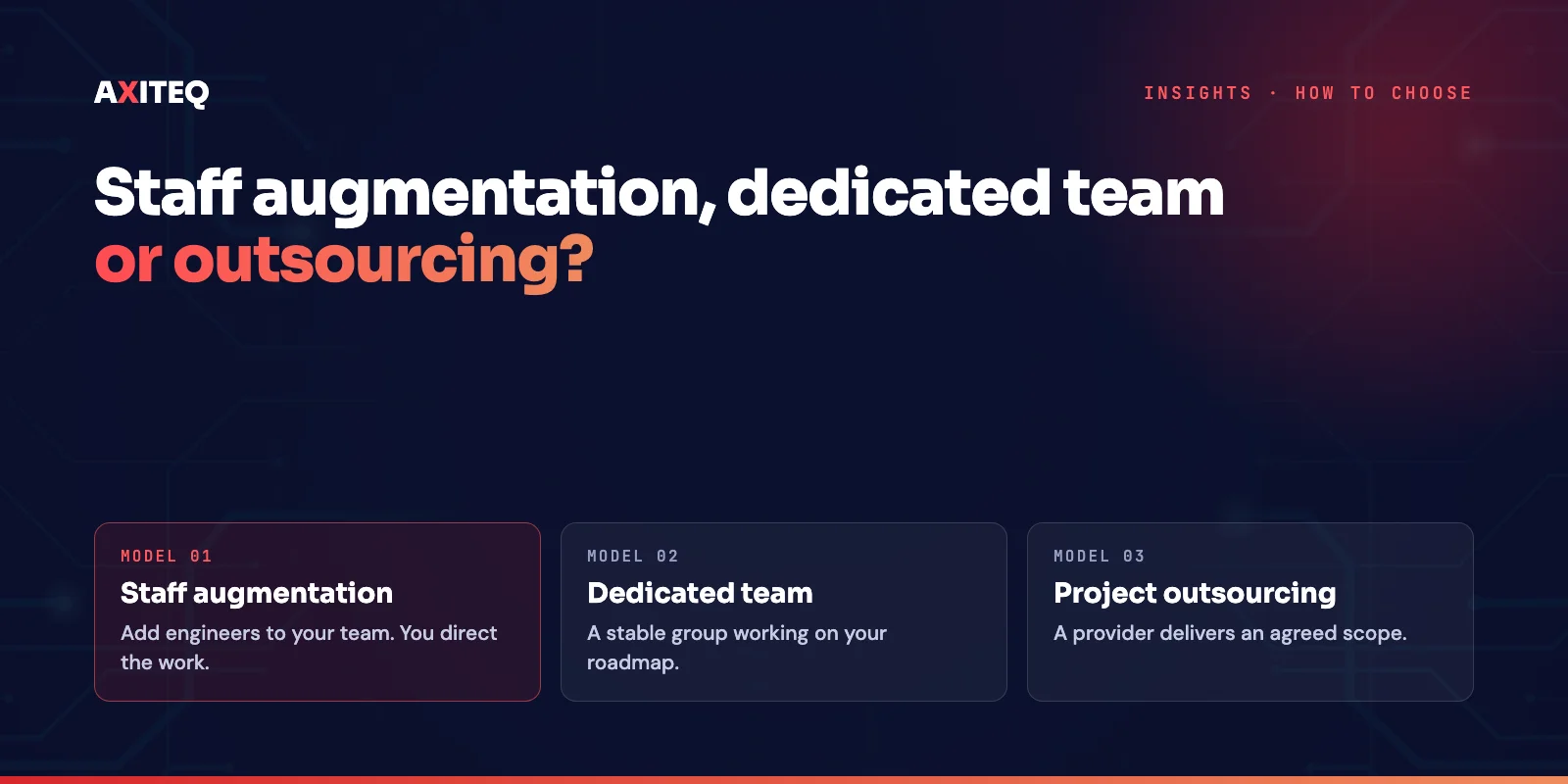 Comparison of three engineering models: staff augmentation, dedicated team and project outsourcing